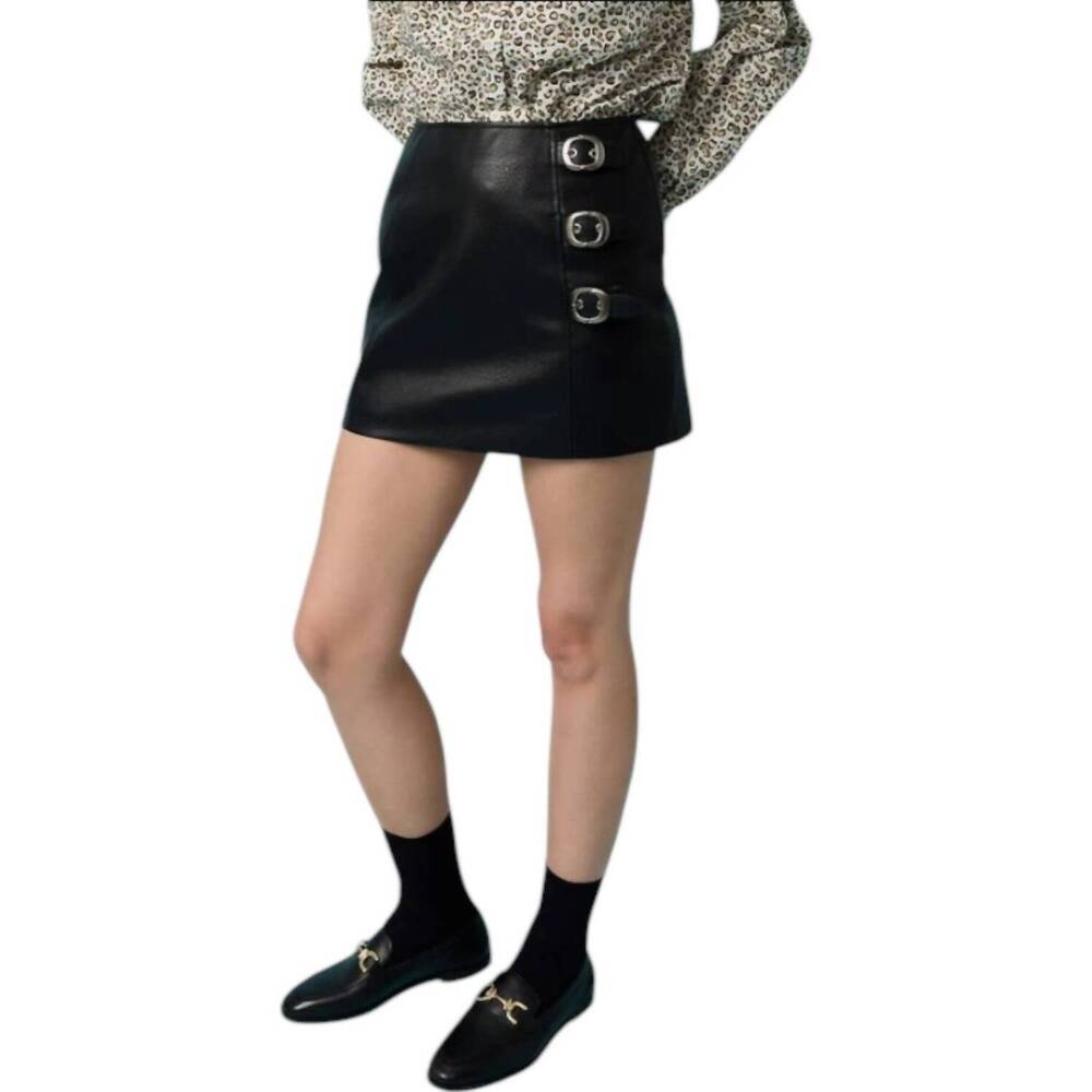 NEW RAISONNEL faux pebble leather buckle mini skirt in black